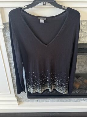Holiday VENUS Black V-Neck Sweater Top sparkling rhinestone ombré hem